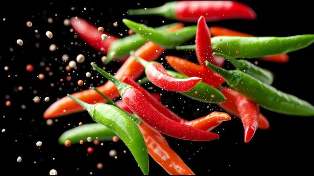 Chili peppers jump through the air in a bright display of colors and flavors in a bold kitchen setting