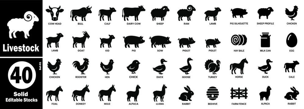 Livestock solid icons set. Solid editable stock of farm animals vector illustration.