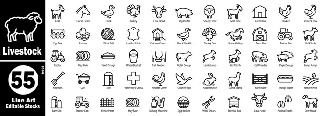 Farm animals and equipment line art icons set for agriculture vector illustration. © Hafiz