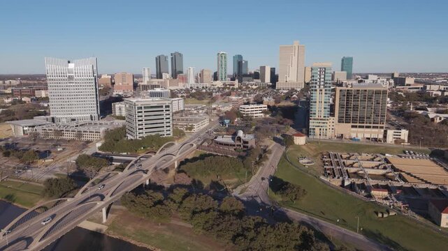 Fort Worth, Texas USA &ndash; February 15, 2026: Aerial view of the 7th Street Bridge spanning the Trinity River with the downtown Fort Worth skyline in the background.	
