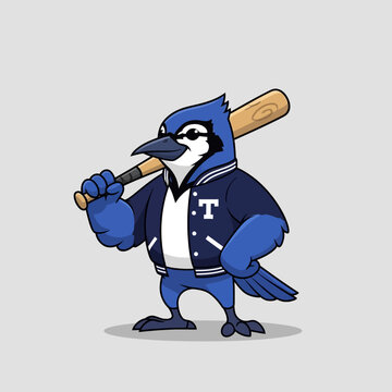 Blue Jay Mascot with Baseball Bat and Bomber Jacket