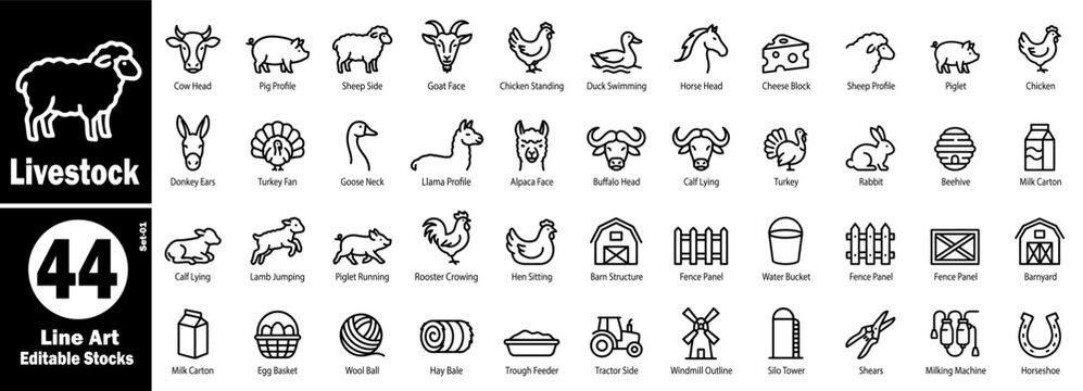Livestock line art icons set. Line art editable stock of farm animals vector illustration.