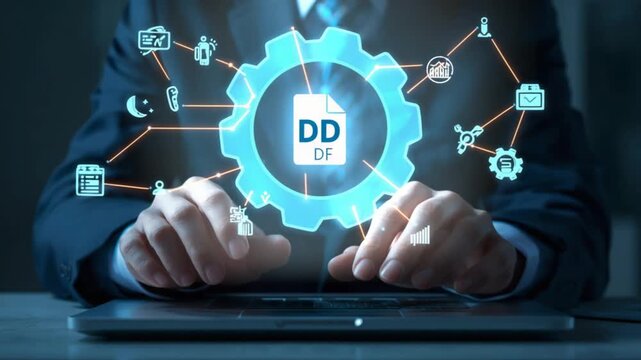 Person typing on laptop with glowing gear icon and document symbol surrounded by business process icons