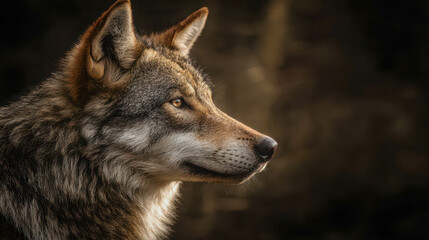 Majestic gray wolf captured in profile with detailed fur texture and sharp intense eyes against a dark blurred natural background in warm lighting conditions