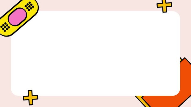 A whimsical theme is established by a yellow bandage and orange geometric shapes scattered around the edges of a cream colored box making it a unique choice for a creative and quirky label design