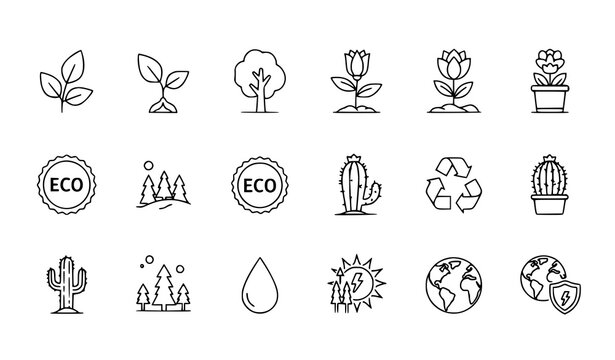 A set of eco-friendly icons and illustrations in a minimalist line art style