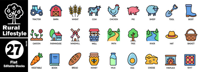 Obraz premium Rural lifestyle flat editable stocks icon set, farm and countryside elements vector illustration.