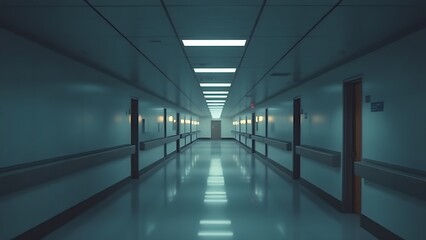 Fototapeta premium Long hospital corridor with distant glowing lights, evoking an atmospheric perspective with cool minimalist tones.