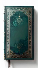 Fototapeta premium Vintage Emerald Green Book with Ornate Gold Border Isolated on White