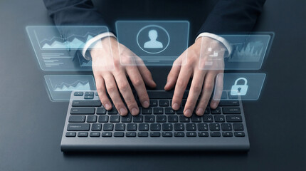 Cybersecurity Concept: Hands Typing on Keyboard with Futuristic Holographic Interface Showing User Profile and Lock Icon, Data Analytics Charts, Digital Security Mockup for Business Technology