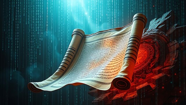 Ancient scroll merging with futuristic binary code, symbolizing humanity's enduring role in history.