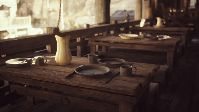 The scene features several rustic wooden tables set outdoors, each with simple plates and utensils, illuminated by soft evening light. The setting suggests a communal dining experience.