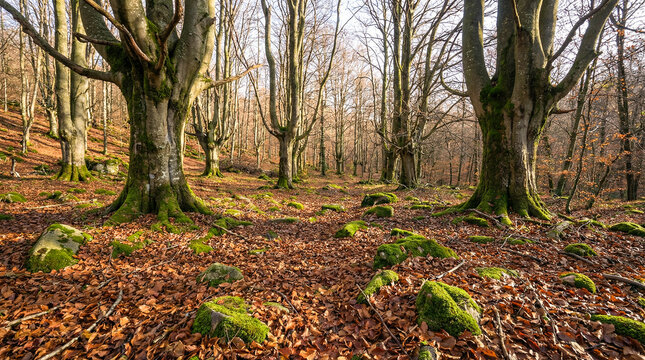Interior de un bosque sereno con &aacute;rboles de troncos desnudos. El suelo est&aacute; cubierto de hojas secas marrones y numerosas rocas tapizadas de un intenso musgo verde.