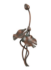 An ornate wrought iron gate in the shape of a stylish lotus flower, a bronze sculpture featuring two elegant lotus leaves with intricate details