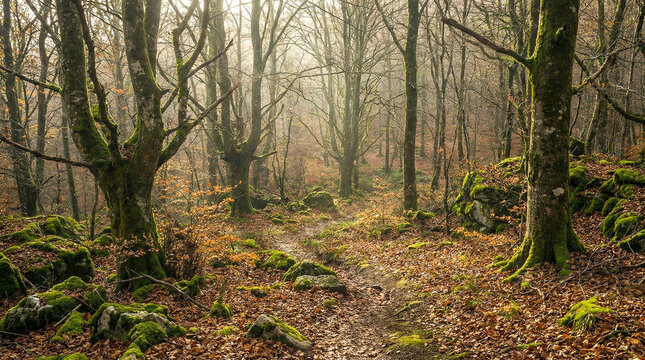 Interior de un bosque sereno con &aacute;rboles de troncos desnudos. El suelo est&aacute; cubierto de hojas secas marrones y numerosas rocas tapizadas de un intenso musgo verde.