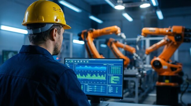 Factory worker observes robotic arms via computer screen. Automation manufacturing process Industry 4. 0, IOT software control operation. Modern digital industrial revolution, engineering in