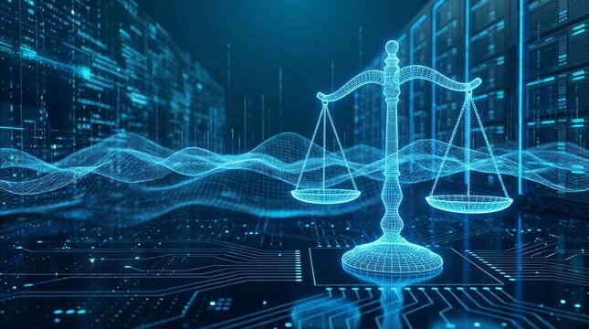 Digital balancing scale justice, fairness in modern technology environment. Holographic scales balance on illuminated datum background of ai circuitry. Innovation concept in abstract futuristic
