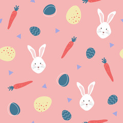 Fototapeta premium Easter bunny, carrots and eggs seamless pattern