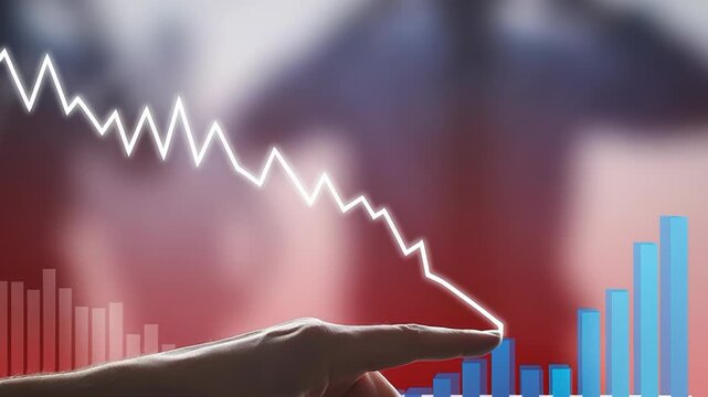 Woman hand interaction with a stock market chart, pointing at a declining trend that eventually begins to rise, crisis and recovery.
