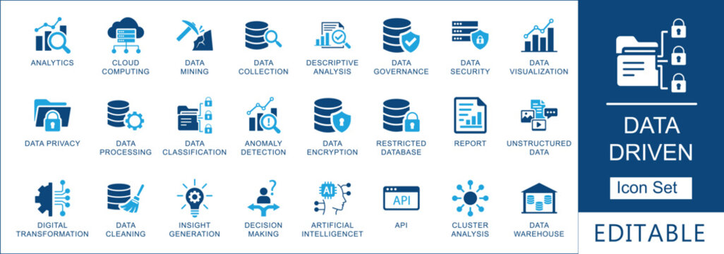 Data driven icon set featuring analytics, cloud computing, artificial intelligence, and digital transformation symbols for business and technology infographics.