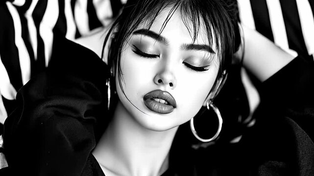 A black and white photo of a woman with a zebra print background