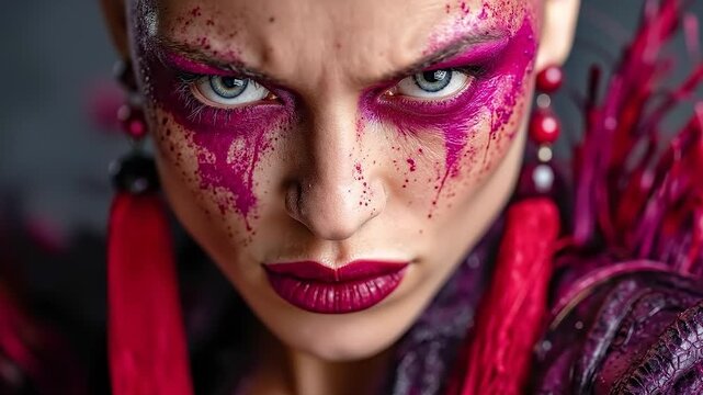 A woman with purple makeup and red hair