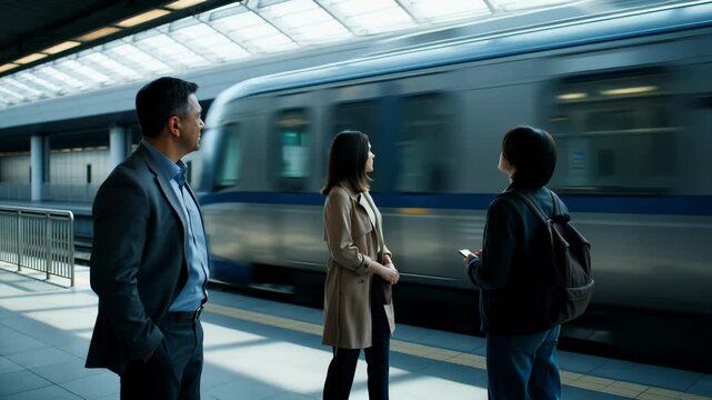 Diverse People Waiting on Train Station Platform as Train Speeds by in Motion Blur