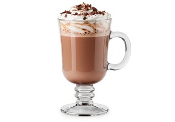 Delicious latte topped with whipped cream and caramel in a glass mug