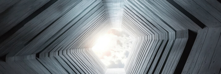 Fototapeta premium Abstract building facade concrete void or tunnel with natural light in the end in twist view