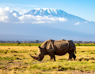Spitzmaulnashorn in der Savanne mit Kilimanjaro im Hintergrund