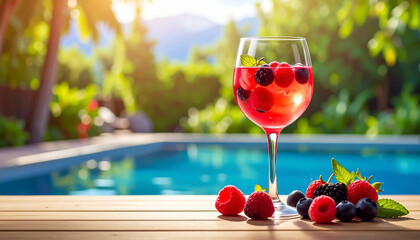 Sommer-Cocktail mit Beeren am Pool bei Sonnenuntergang