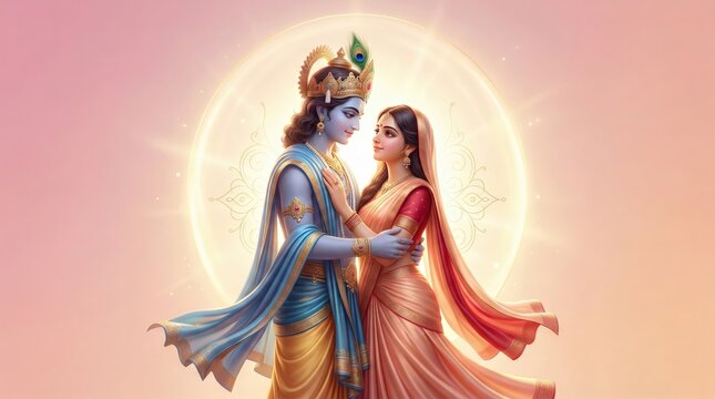 Radha Krishna Pink Gold Romantic Devotional Illustration. Ethereal Divine Love Spiritual Background.