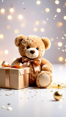 Teddyb&auml;r mit Geschenk vor blauem Hintergrund