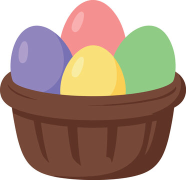 Basket with colorful easter eggs in pink, yellow, green and purple color