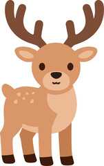 Cartoon reindeer with brown antlers stands on a white background