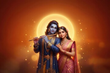 Obraz premium Radha Krishna Golden Festival Glow Illustration. Cinematic Divine Love Spiritual Background With Radiant Halo.
