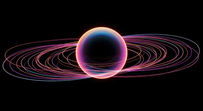 Glowing celestial sphere is encircled by vibrant, concentric orbital rings against a dark void