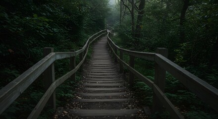 Fototapeta premium Wooden staircase path winds through lush, dark forest, disappearing into the misty distance