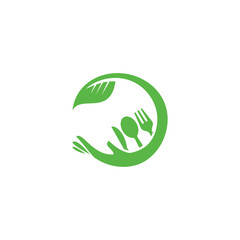 Fototapeta premium Healthy food logo with hand leaf spoon fork and knife.