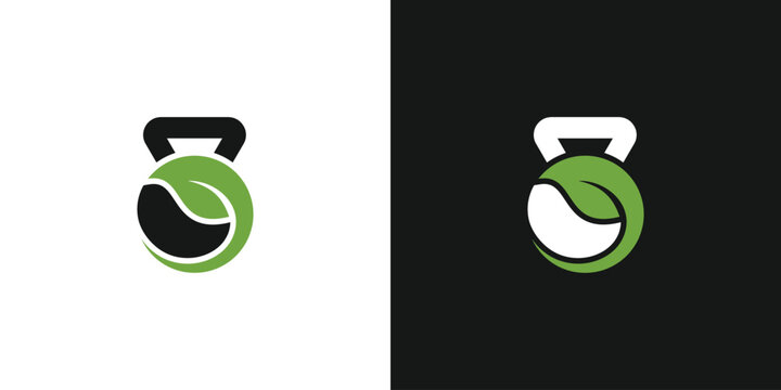 Kettlebell with leaf logo design for healthy lifestyle and fitness.