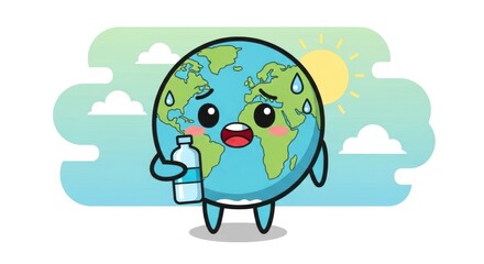 Fototapeta premium Cartoon Earth Sweating Holding Water Bottle Under Hot Sun Global Warming Concept