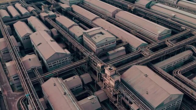A dramatic perspective shot looking down a series of long, parallel industrial buildings or train carriages. The repetitive lines and metallic textures create a strong sense of industrial scale and lo