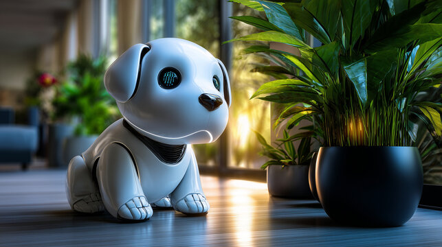Petit chien robotique assis dans un appartement contemporain. Lumi&egrave;re solaire filtrant &agrave; travers des plantes. Concept de compagnon domestique et robotique de service