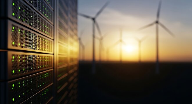 Sustainable data center with wind turbines at sunset