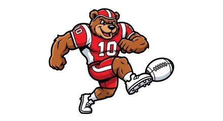 Obraz premium Bear mascot playing football kicking ball wearing jersey