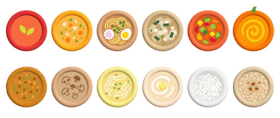 Fototapeta premium Diverse collection of illustrated soup bowls featuring various recipes like ramen, tomato, and pumpkin, presented in a colorful, flat top-down view with a textured art style