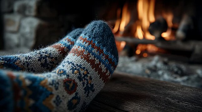 Cozy Feet in Patterned Wool Socks Warming by a Roaring Fireplace