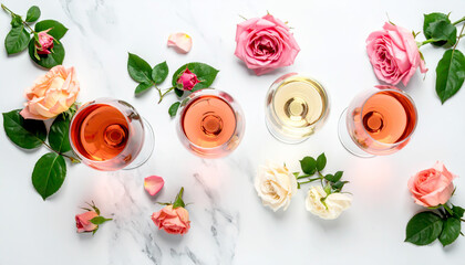 Ros&eacute;wein-Verkostung mit Rosen auf Marmor