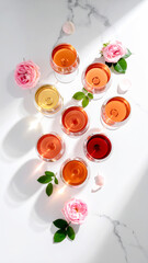 Ros&eacute;wein-Verkostung mit Rosen auf Marmor