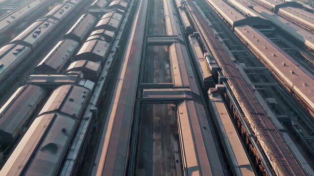 A dramatic perspective shot looking down a series of long, parallel industrial buildings or train carriages. The repetitive lines and metallic textures create a strong sense of industrial scale and lo